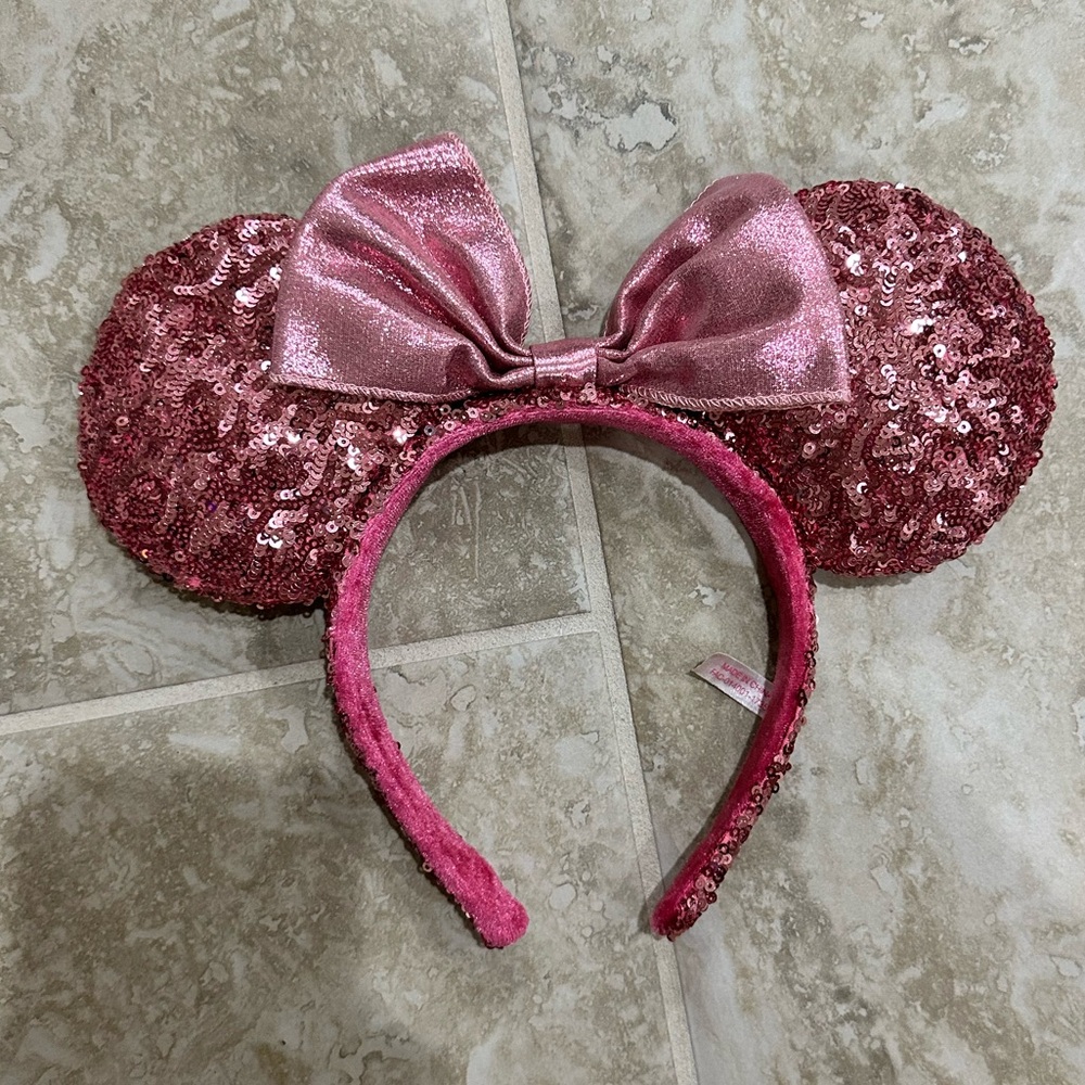 Disney Rose Pink Sequin Minnie Ears Headband with Shimmer Bow
